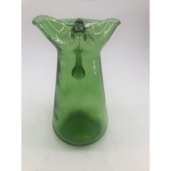 Glass Pitcher Mid Century Hand Blown Emerald Green Pinched Spout Ice Lip MCM VTG - Picture 8 of 11
